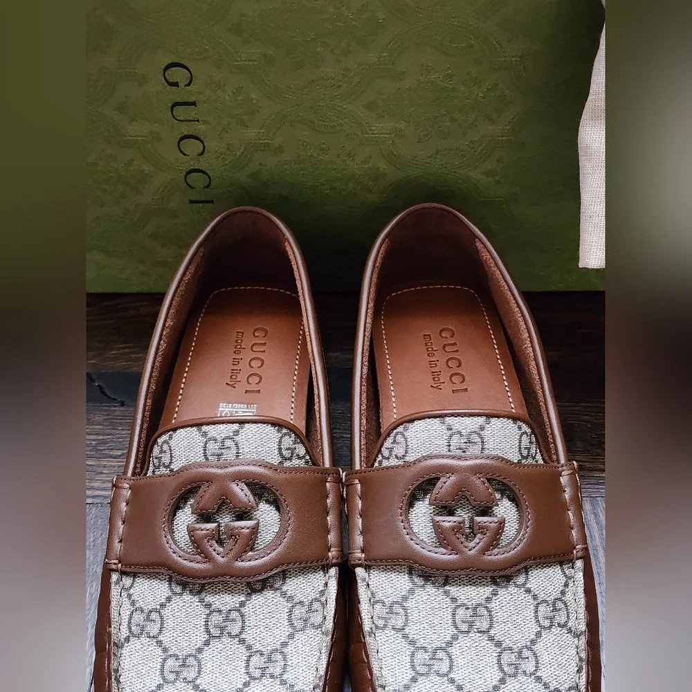 $850 New Gucci GG Interlocking Men Driver Loafer Brown Leather Shoes G 8.5/US 9